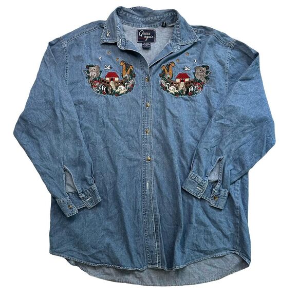 Embroidered vintage 90s faith cotton denim shirt Noah's Ark design xl button up - Picture 2 of 8